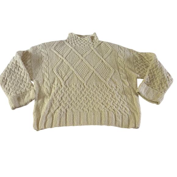 VTG Y2K 2000s Cream Wool Blend Cable Knit Turtleneck Sweater Sz M Fisherman - Picture 1 of 7